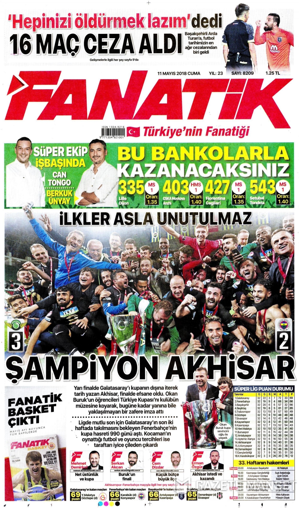 Ziraat Türkiye Kupası Şampiyonu Akhisarspor'un Gazetelerdeki manşet 1