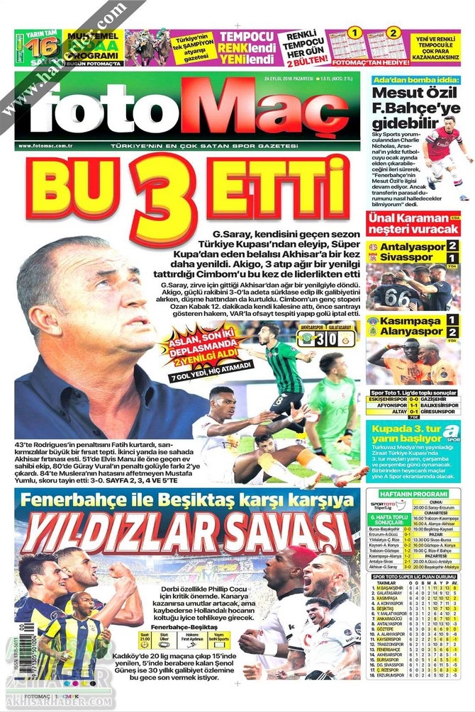 Akhisarspor, Galatasaray'ı 3-0 yenmesinin ardından gazete manşetler 6
