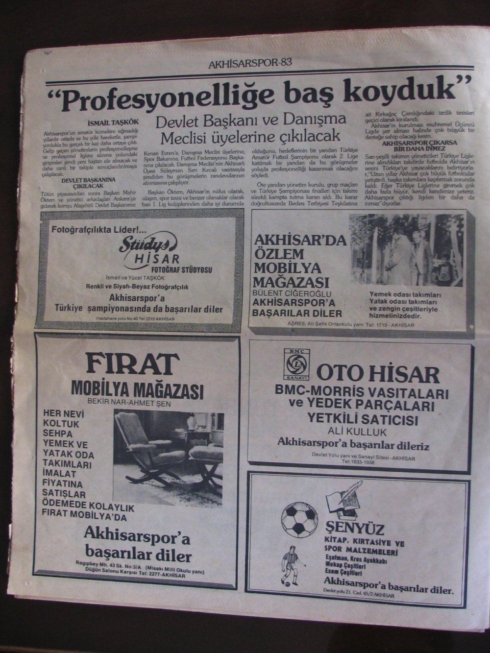 1983 yılına ait Yeni Asır Gazetesi Akhisarspor eki 13