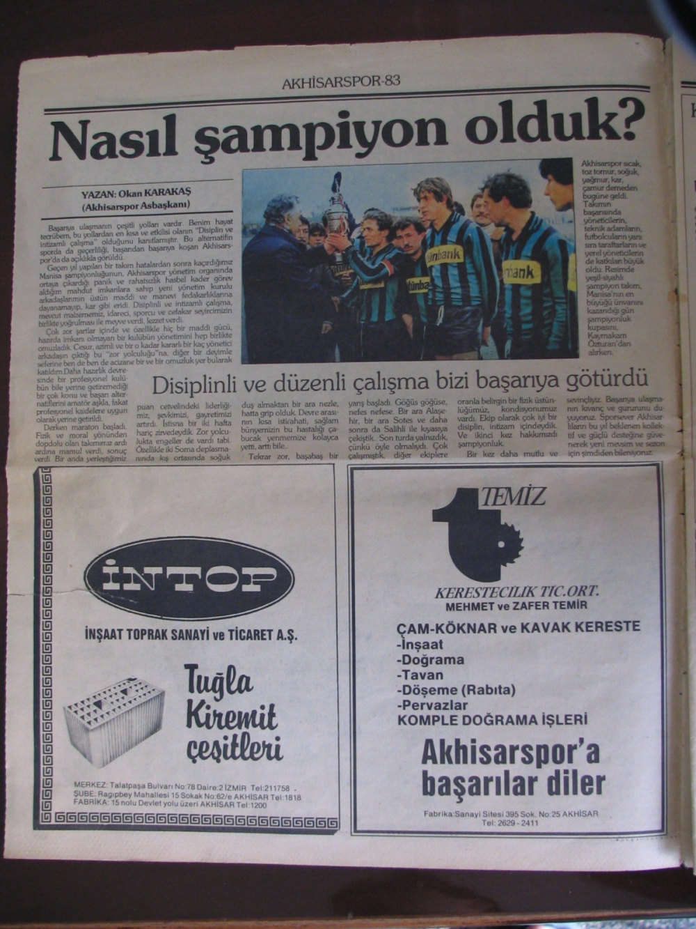 1983 yılına ait Yeni Asır Gazetesi Akhisarspor eki 2