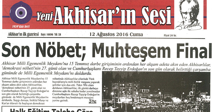 Yeni Akhisarın Sesi Gazetesi 12 Ağustos 2016