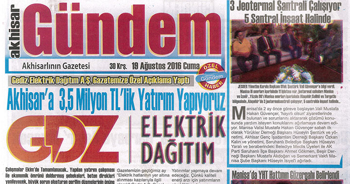 Akhisar Gündem Gazetesi 19 Ağustos 2016