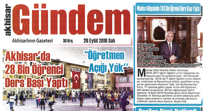 Akhisar Gündem Gazetesi 20 Eylül 2016