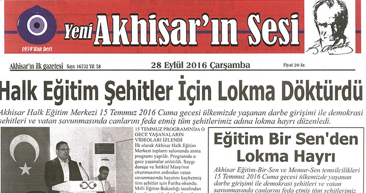 Yeni Akhisar'ın Sesi Gazetesi 28 Eylül 2016