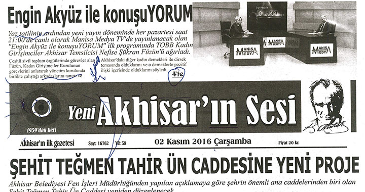 Yeni Akhisarın Sesi Gazetesi 2 Kasım 2016