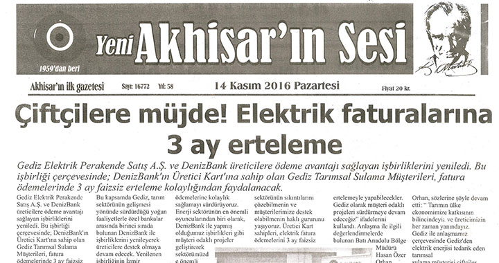 Yeni Akhisarın Sesi Gazetesi 14 Kasım 2016