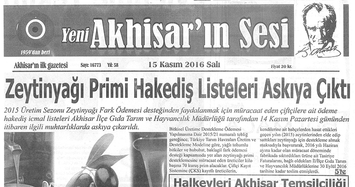 Yeni Akhisarın Sesi Gazetesi 15 Kasım 2016