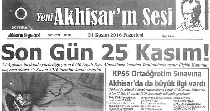 Yeni Akhisar'ın Sesi Gazetesi 21 Kasım 2016